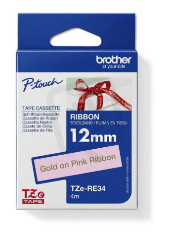 Páska BROTHER TZe-RE34 růžová/zlatá (12mm, 4m, pruhovaná)