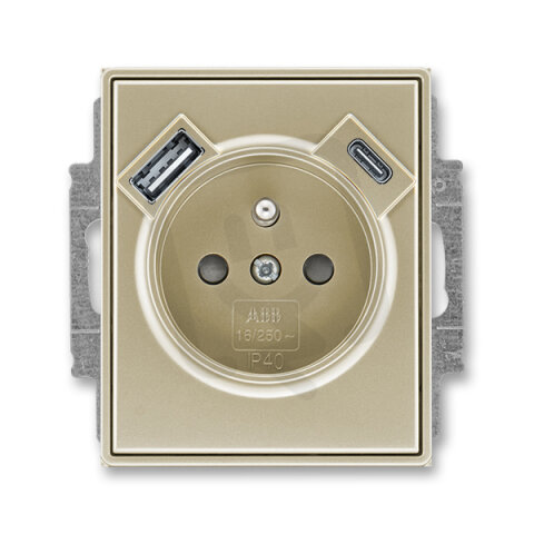Zásuvka s kolíkem, s clonkami, USB-A/C šampaňská ABB 5569E-A32357 33