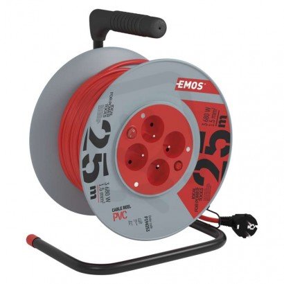 Prodlužovací kabel na bubnu 25 m 4 zás. s vypínačem červený PVC 230V 1,5mm2