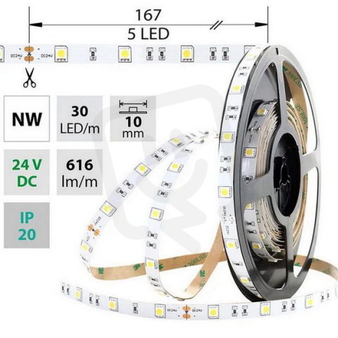 LED pásek SMD5050 NW, 30LED/m, 8,5W/m, 616lm/m, IP20, DC 24V, 10mm, 50m