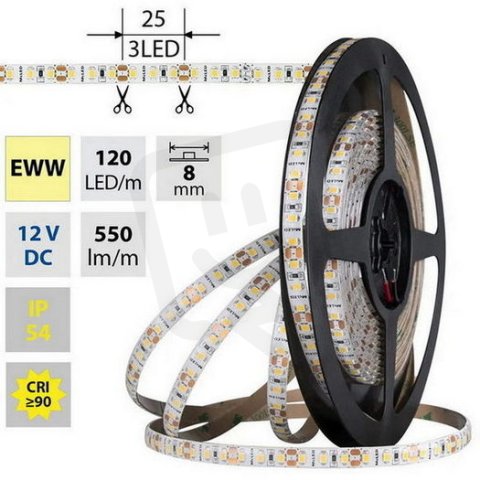 LED pásek SMD2835 EWW, 120LED/m, 9,6W/m, DC 12V, 550lm/m, CRI90, IP54, 8mm, 5m