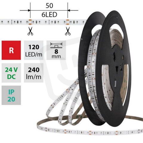 LED pásek SMD2835 červený, 120LED/m, 9,6W/m, DC 24V, 240lm/m, IP20, 8mm, 50m