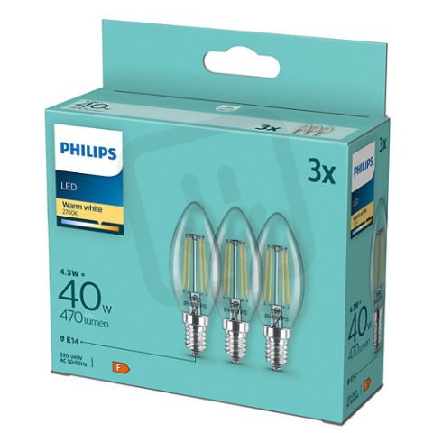 LED žárovka PHILIPS sada 3ks classic 40W B35 E14 WW CL