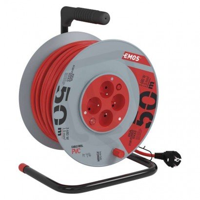 Prodlužovací kabel na bubnu 50 m 4 zás. s vypínačem červený PVC 230V 1,5mm2