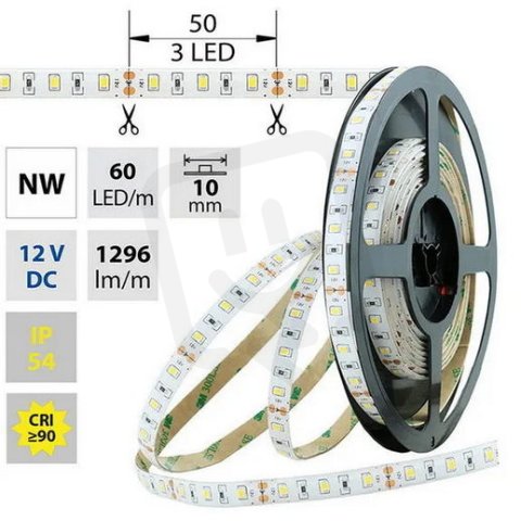 LED pásek SMD2835 NW, 60LED/m, 14,4W/m, 1296lm/m, IP54, DC 12V, 10mm, 5m
