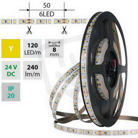 LED pásek SMD2835 žlutý, 120LED/m, 9,6W/m, DC 24V, 240lm/m, IP20, 8mm, 5m