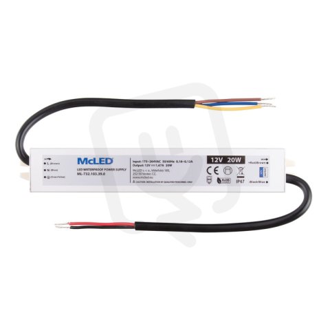 Napájecí zdroj 20W, DC12V/1,67A, IP67, hliníkové provedení MCLED ML-732.103.39.0