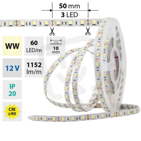 LED pásek SMD5050 WW, 60LED/m, 14,4W/m, DC 12V, 1152lm/m, IP20, 10mm, 50m