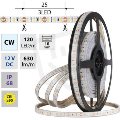 LED pásek SMD2835 CW, 120LED/m, 9,6W/m, DC 12V, 630lm/m, CRI90, IP68, 10mm, 5m