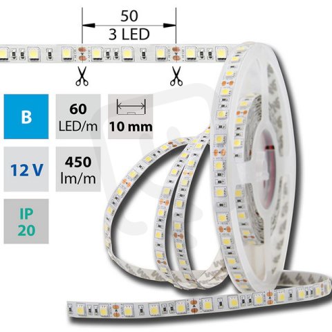 LED pásek SMD5050 modrý, 60LED/m, 14,4W/m, DC 12V, 450lm/m, IP20, 10mm, 5m