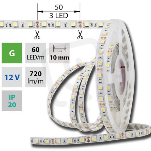 LED pásek SMD5050 zelený, 60LED/m, 14,4W/m, DC 12V, 720lm/m, IP20, 10mm, 5m