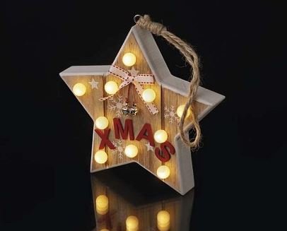 LED vánoční hvězda dřěvená, 2xAAA, teplá bílá, časovač