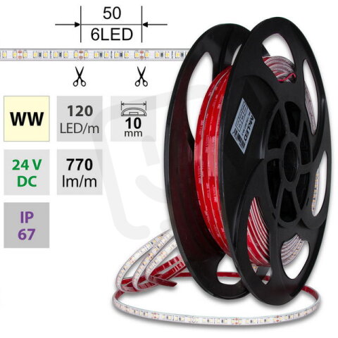 LED pásek SMD2835 WW, 120LED/m, 9,6W/m, DC 24V, 770lm/m, CRI90, IP67, 10mm, 5m