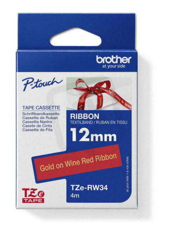 Páska BROTHER TZe-RW34 vínově červená/zlatá (12mm, 4m, pruhovaná)