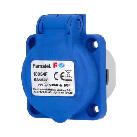 Vestavná zásuvka IP54/250V/16A s ochranným kolíkem, modrá FAMATEL 13954F
