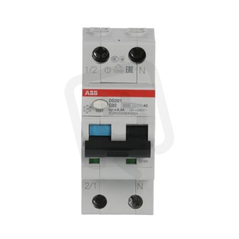 ABB DS201 C32 AC300 kombinace jistič/chránič 2P (1P+N) 32A 300mA C 6kA AC