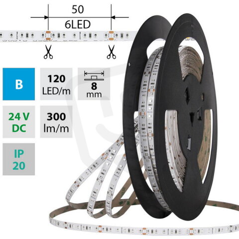 LED pásek SMD2835 modrý, 120LED/m, 9,6W/m, DC 24V, 300lm/m, IP20, 8mm, 50m