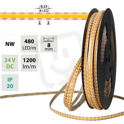 LED pásek COB NW, 480LED/m, 12W/m, DC 24