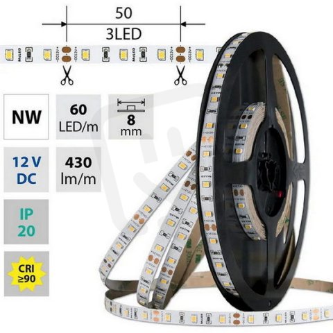 LED pásek SMD2835 NW, 60LED/m, 4,8W/m, DC 12V, 430lm/m, CRI90, IP20, 8mm, 5m