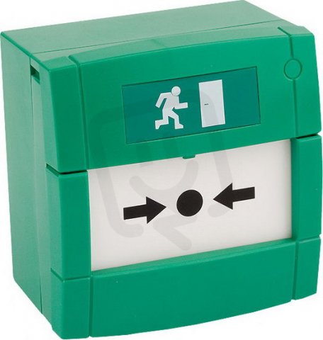ADI Zelené tlačítko,NC/NO výst.,povrch. montáž,prolam.plast,symbol běžícího muže