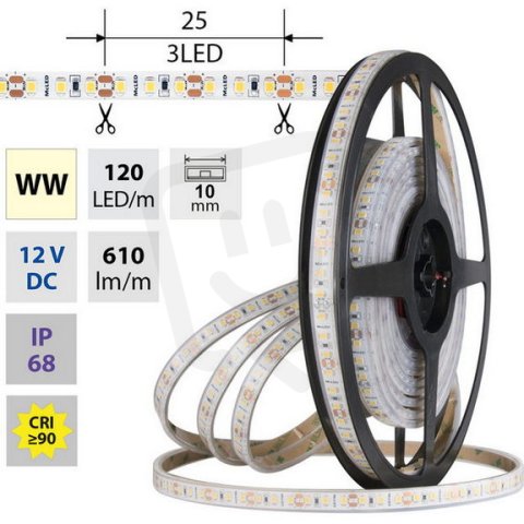 LED pásek SMD2835 WW, 120LED/m, 9,6W/m, DC 12V, 610lm/m, CRI90, IP68, 10mm, 5m