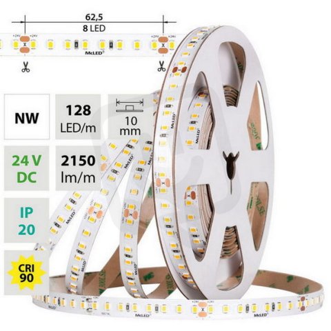 LED pásek SMD2835 NW 128LED/m 11,5W/m DC 24V 2150lm/m CRI90 IP20 10mm 50m
