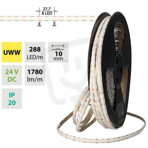 LED pásek COB UWW 288LED/m 19,2W/m DC24V 1780lm/m CRI90 IP20 10mm 50m