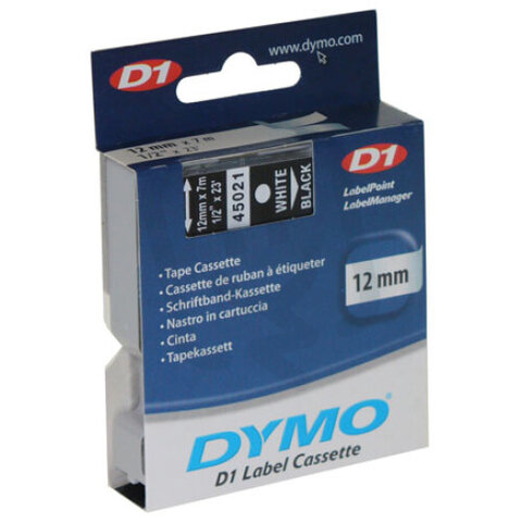 45021 DYMO páska D1 plastová 12mm, bílý tisk / černý podklad, návin 7m S0720610