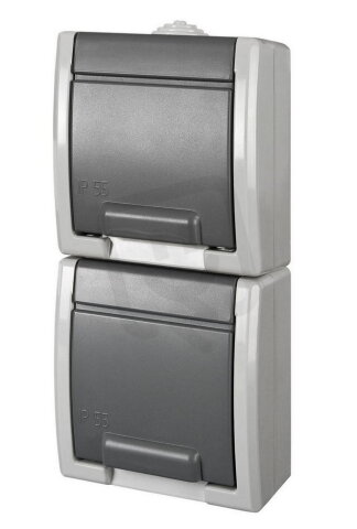 ATLAS IP55 Zásuvka 2x 2P+PE SCHUKO 2-nás. svislá šedá FAMATEL 19088