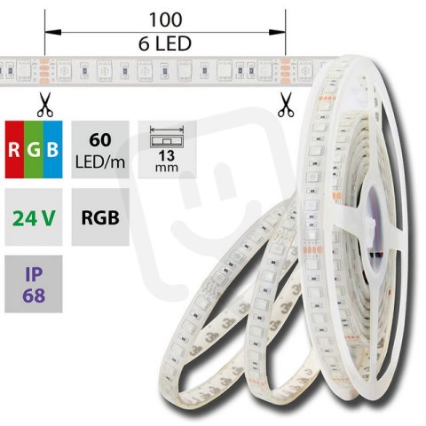 LED pásek SMD5050 RGB, 60LED/m, 14,4W/m, DC24V, 483lm/m, IP68, 13mm, 5m