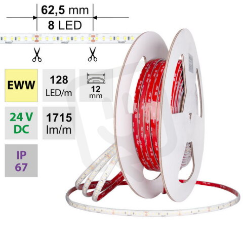 LED pásek SMD2835 EWW 128LED/m 11,5W/m DC 24V 1715lm/m CRI90 IP67 12mm 50m