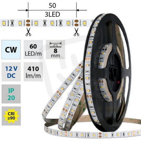LED pásek SMD2835 CW, 60LED/m, 4,8W/m, DC 12V, 410lm/m, CRI90, IP20, 8mm, 5m