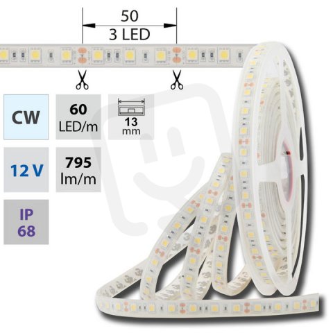 LED pásek SMD5050 CW, 60LED/m, 14,4W/m, 1180lm/m, IP68, DC 12V, 13mm, 5m
