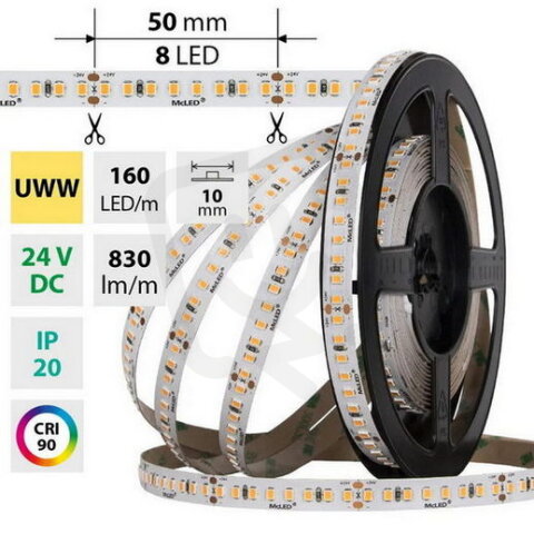 LED pásek SMD2835 UWW, 160LED/m, 9W/m, DC 24V, 830lm/m, CRI90, IP20, 10mm, 50m