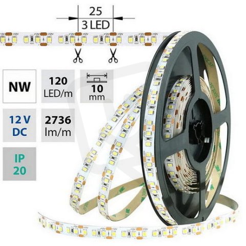 LED pásek SMD2835 NW, 120LED/m, 28,8W/m, 2736lm/m, IP20, DC 12V, 10mm, 5m