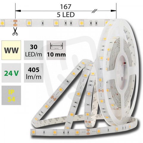 LED pásek SMD5050 WW, 30LED/m, IP54, 5m, 24V, 8,5 W/m