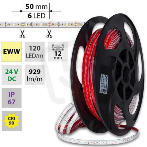 LED pásek SMD2835 EWW, 120LED/m, 14W/m, DC 24V, 929lm/m, CRI90, IP67, 12mm, 50m