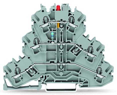 Svorka pro moduly 3ípatrová červenáLED šedá 2,5mm2 DC24V WAGO 2002-3221/1000-434