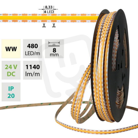 LED pásek COB WW, 480LED/m, 12W/m, DC 24
