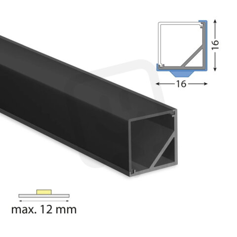 Rohový hliníkový profil černý RI 16x16mm vč. černého difuz. 1m ML-761.612.43.1