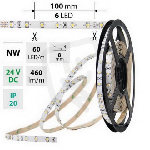 LED pásek SMD3528 neutrálně bílý, 60LED/m, IP20, DC 24V, 8mm, 50m