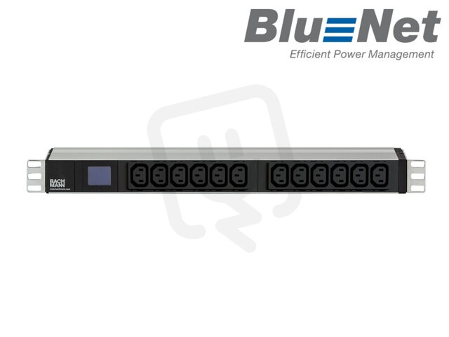 Zásuvková jednotka BLUENET 19'' 1U 12xIEC C13 2,0m H05VV-F3G1,5mm2, hliník/černá
