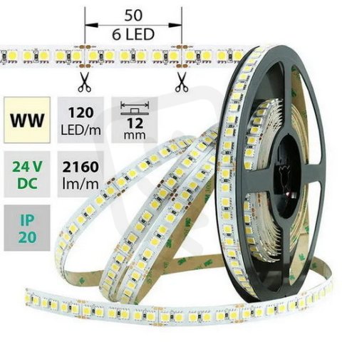 LED pásek SMD5050 WW, 120LED/m, 28,8W/m, 2160lm/m, IP20, DC 24V, 12mm, 50m