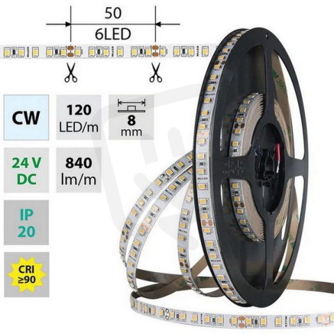 LED pásek SMD2835 CW, 120LED/m, 9,6W/m, DC 24V, 840lm/m, CRI90, IP20, 8mm, 50m