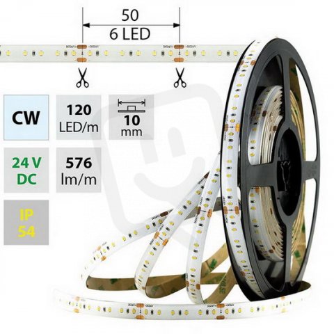 LED pásek SMD2216 CW, 120LED/m, 7,2W/m, 558lm/m, IP54, DC 24V, 10mm, 5m