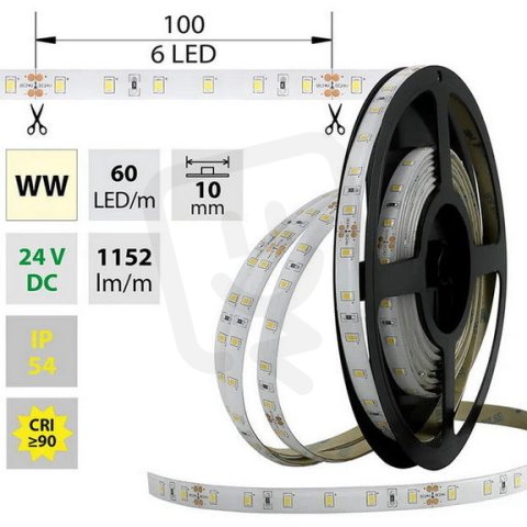 LED pásek SMD2835 WW, 60LED/m, 14,4W/m, 1152lm/m, IP54, DC 24V, 10mm, 5m