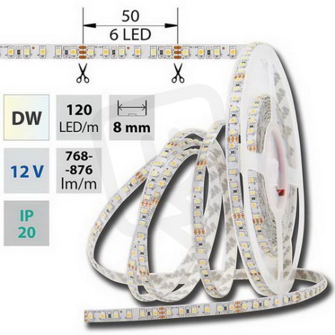 LED pásek SMD3528 dual white EWW-CW 120LED/m 9,6W/m 720lm/m IP20 DC 12V 8mm 50m