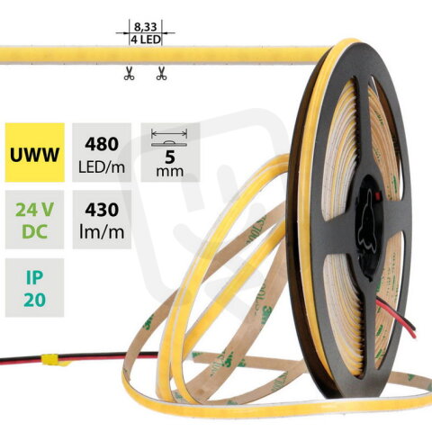 LED pásek COB UWW 480LED/m 6W/m DC 24V 430lm/m CRI90 IP20 modul 8,33mm 5mm 50m