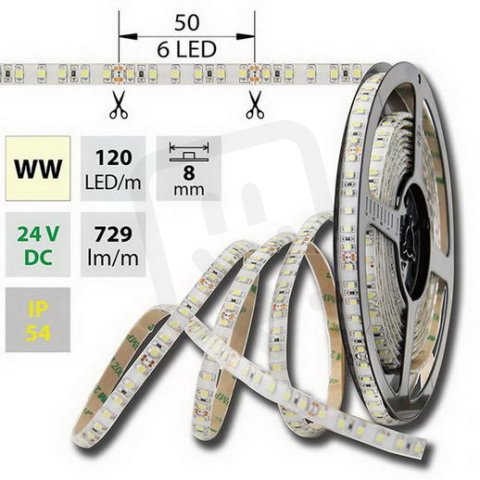 LED pásek SMD3528 WW, 120LED, IP54, 5m, 24V, 9,6 W/m