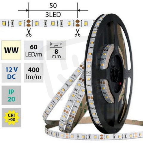 LED pásek SMD2835 WW, 60LED/m, 4,8W/m, DC 12V, 400lm/m, CRI90, IP20, 8mm, 5m